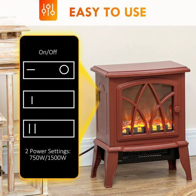 Alt view image 4 of 7 - HOMCOM Electric Fireplace Stove, 18" Freestanding Fireplace Heater with Realistic Flame, Overheating Protection, Portable, 750W/1500W, Red