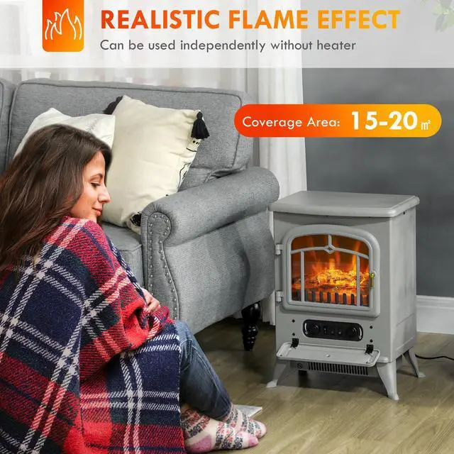 Alt view image 5 of 7 - HOMCOM 22" Electric Fireplace Heater, Freestanding Fire Place Stove with Realistic LED Flames and Logs, and Overheating Protection, 750W/1500W, Gray