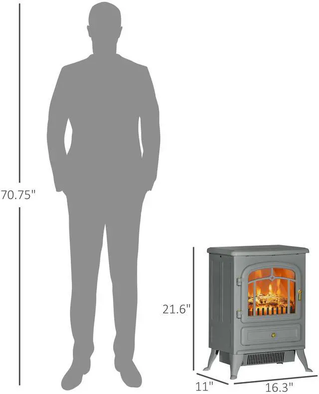 Alt view image 6 of 7 - HOMCOM 22" Electric Fireplace Heater, Freestanding Fire Place Stove with Realistic LED Flames and Logs, and Overheating Protection, 750W/1500W, Gray