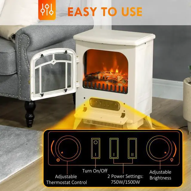 Alt view image 4 of 7 - HOMCOM 22" Electric Fireplace Heater, Freestanding Fire Place Stove with Realistic LED Flames and Logs, and Overheating Protection, 750W/1500W, Beige