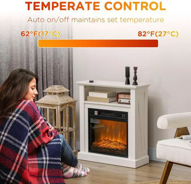 Alt view image 3 of 7 - HOMCOM 27" Electric Fireplace with Mantel Surround, 1400W Replaceable Fireplace Insert Heater with Realistic Log and Flame Effect, Remote Control, Freestanding Fireplace Heater for Living Room, White