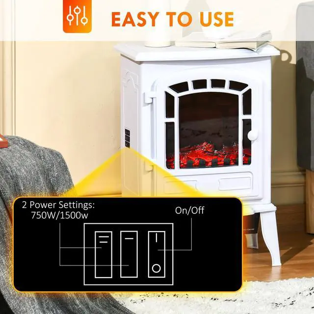 Alt view image 5 of 7 - HOMCOM 22" Free standing Electric Fireplace Stove, Fire Place Heater with Realistic Flame Effect, Overheat Safety Protection, 750W / 1500W, White