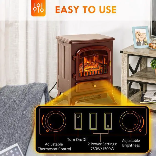 Alt view image 5 of 6 - HOMCOM 22" Electric Fireplace Heater, Freestanding Fire Place Stove with Realistic LED Flames and Logs, and Overheating Protection, 750W/1500W, Red
