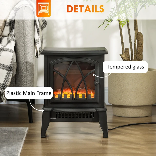 Alt view image 3 of 7 - HOMCOM Electric Fireplace Stove, 18" Freestanding Fireplace Heater with Realistic Flame, Overheating Protection, Portable, 750W/1500W, Black