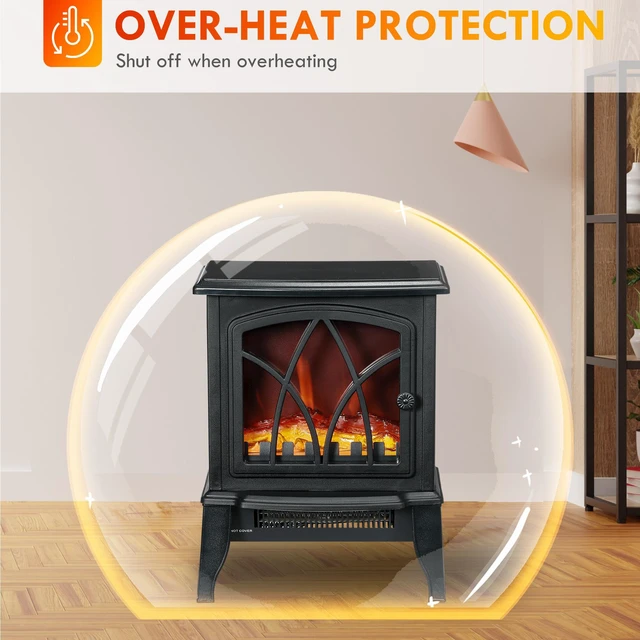 Alt view image 4 of 7 - HOMCOM Electric Fireplace Stove, 18" Freestanding Fireplace Heater with Realistic Flame, Overheating Protection, Portable, 750W/1500W, Black