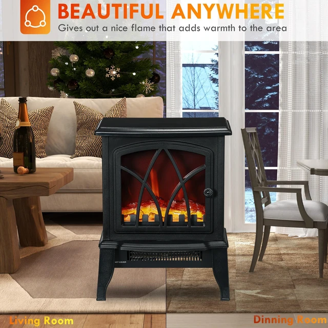 Alt view image 2 of 7 - HOMCOM Electric Fireplace Stove, 18" Freestanding Fireplace Heater with Realistic Flame, Overheating Protection, Portable, 750W/1500W, Black