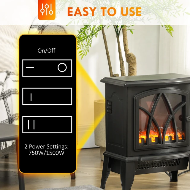 Alt view image 5 of 7 - HOMCOM Electric Fireplace Stove, 18" Freestanding Fireplace Heater with Realistic Flame, Overheating Protection, Portable, 750W/1500W, Black
