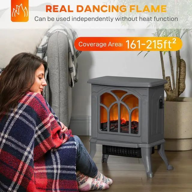 Alt view image 6 of 7 - HOMCOM 17" Freestanding Electric Fireplace Stove, Fire Place Heater with Realistic Logs and Flame Effect and Overheat Protection, 750W/1500W, Gray