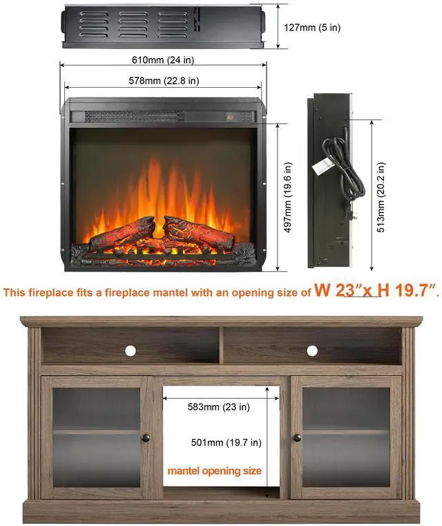 Alt view image 2 of 7 - 23 inch electric fireplace insert, ultra thin heater with log set & realistic flame, remote control with timer, overheating protection