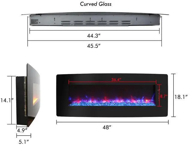Alt view image 2 of 7 - 48 inch Curved Front Wall Mounted Electric Fireplace with remote and multi color flame & emberbed