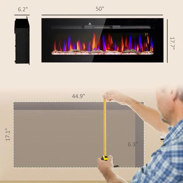 Alt view image 7 of 7 - HOMCOM 50" Electric Fireplace Recessed and Wall Mounted with Remote Control, 1500W Fireplace Heater with 8H Timer, Adjustable Flame Color and Brightness, Log and Crystal