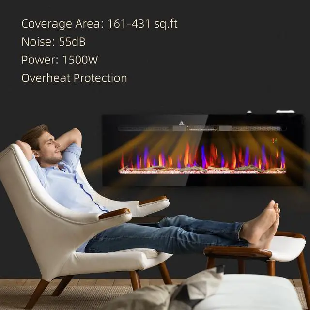 Alt view image 3 of 7 - HOMCOM 50" Electric Fireplace Recessed and Wall Mounted with Remote Control, 1500W Fireplace Heater with 8H Timer, Adjustable Flame Color and Brightness, Log and Crystal