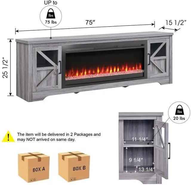 Alt view image 5 of 7 - 75" Fireplace TV Stand for TVs up to 80",with 44" Electric Fireplace