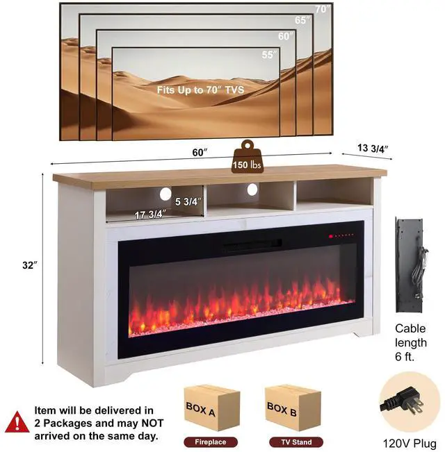 Alt view image 2 of 6 - 60 inch Fireplace TV Stand for TVs up to 70",with 50"smart Electric Fireplace,white