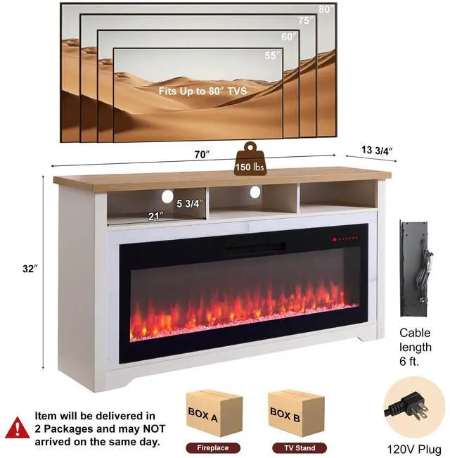 Alt view image 2 of 6 - 70 inch Fireplace TV Stand for TVs up to 70",with 60"smart Electric Fireplace,white