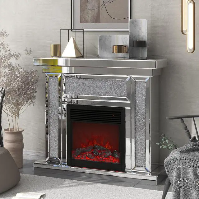Alt view image 2 of 6 - W 47 inch  X D 12.6 inch X H 41.7 inch  Acrylic diamond mirror mantelpiece, separate mantelpiece  Built-in filling: acrylic high imitation drill, 1500 W electric heating furnace