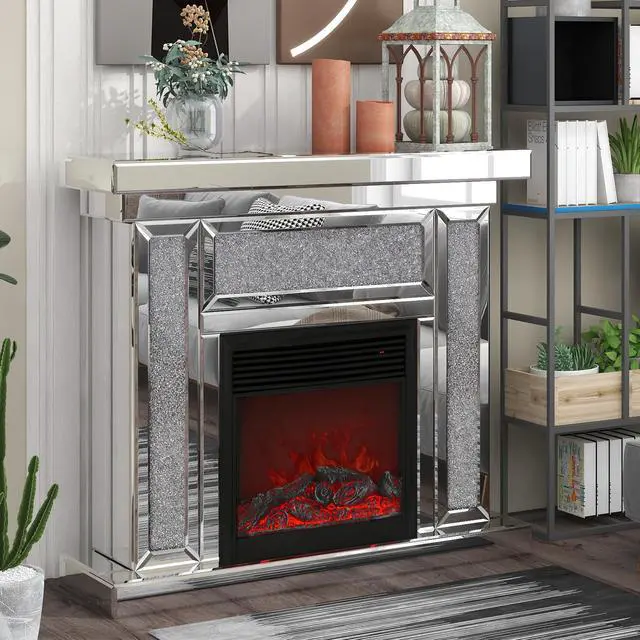 Alt view image 3 of 6 - W 47 inch  X D 12.6 inch X H 41.7 inch  Acrylic diamond mirror mantelpiece, separate mantelpiece  Built-in filling: acrylic high imitation drill, 1500 W electric heating furnace