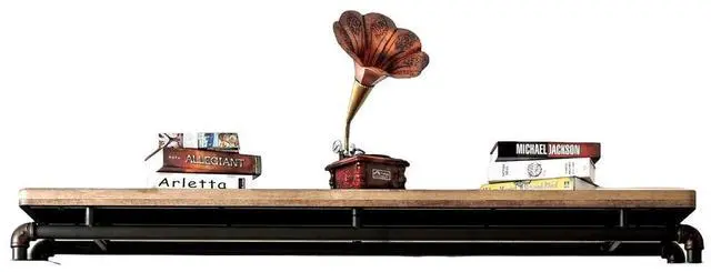 Alt view image 2 of 5 - Industrial Style TV Console Bridge Pipe Inspired Frame Metal And Wood Structure Antique Black And Natural Tone Finish