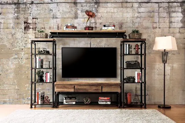 Alt view image 5 of 5 - Industrial Style TV Console Bridge Pipe Inspired Frame Metal And Wood Structure Antique Black And Natural Tone Finish