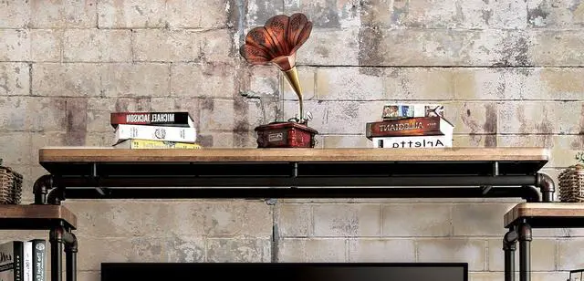 Alt view image 4 of 5 - Industrial Style TV Console Bridge Pipe Inspired Frame Metal And Wood Structure Antique Black And Natural Tone Finish