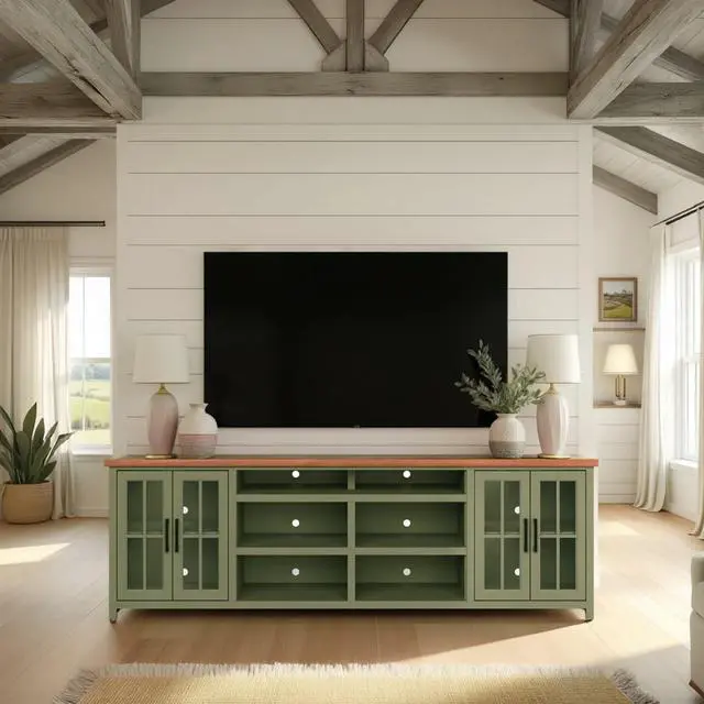 Main image of 96 inch TV Stand Console for TVs up to 100 inches, No Assembly Requried, Sage Green and Fruitwood Finish