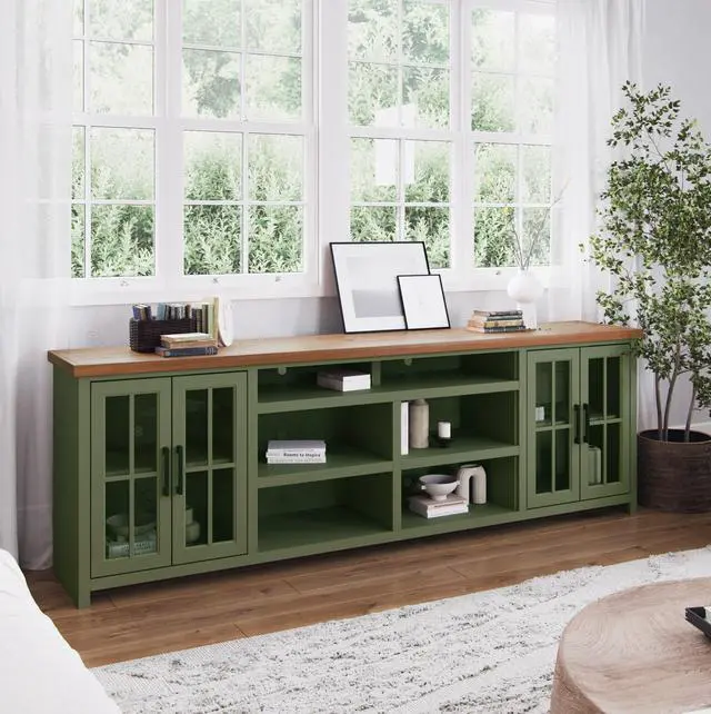 Alt view image 4 of 7 - 96 inch TV Stand Console for TVs up to 100 inches, No Assembly Requried, Sage Green and Fruitwood Finish