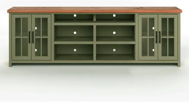 Alt view image 5 of 7 - 96 inch TV Stand Console for TVs up to 100 inches, No Assembly Requried, Sage Green and Fruitwood Finish