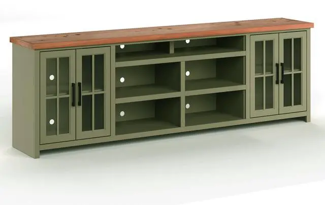 Alt view image 6 of 7 - 96 inch TV Stand Console for TVs up to 100 inches, No Assembly Requried, Sage Green and Fruitwood Finish