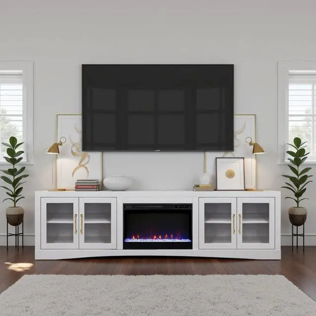 Alt view image 2 of 6 - Heritage 94 inch Fireplace TV Stand, for TVs up to 100 inches, White Finish