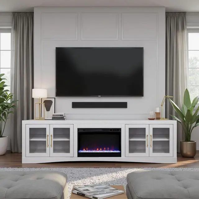 Alt view image 3 of 6 - Heritage 94 inch Fireplace TV Stand, for TVs up to 100 inches, White Finish