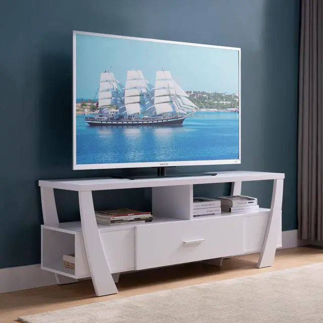 Main image of Contemporary TV Stand with Four Shelves and One Drawer - White