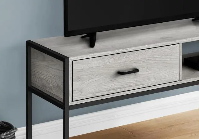 Alt view image 2 of 7 - Tv Stand, 48 Inch, Console, Media Entertainment Center, Storage Drawer, Living Room, Bedroom, Grey Laminate, Black Metal, Contemporary, Modern