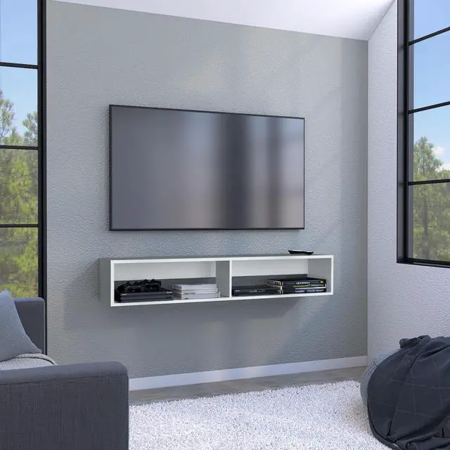 Main image of Warrior 59" Floating Tv Stand with Two open shelves, media compartments and cable management White