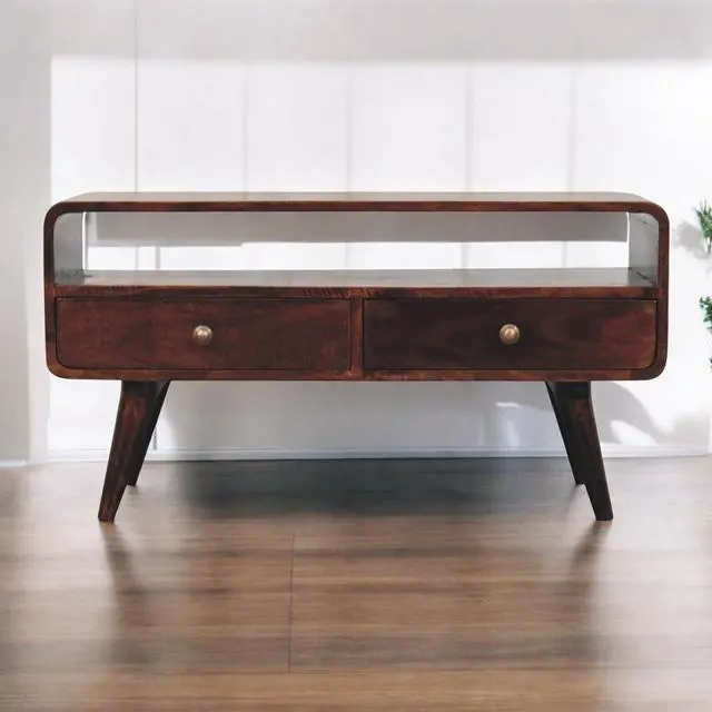 Main image of Solid Wood Curved California Walnut Media Unit, 2-Drawers, 1 Open Slot, Nordic Legs, Brown