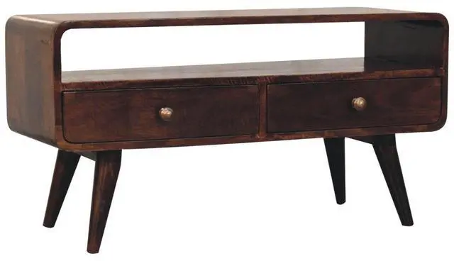 Alt view image 3 of 7 - Solid Wood Curved California Walnut Media Unit, 2-Drawers, 1 Open Slot, Nordic Legs, Brown