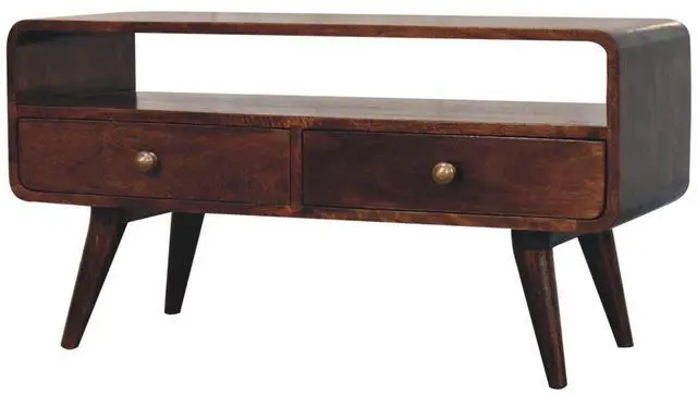 Alt view image 4 of 7 - Solid Wood Curved California Walnut Media Unit, 2-Drawers, 1 Open Slot, Nordic Legs, Brown