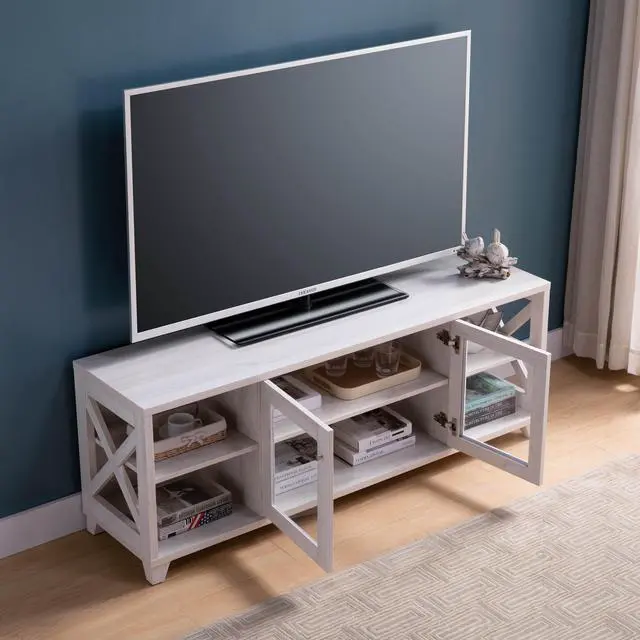 Alt view image 2 of 5 - 60" Farmhouse Home Entertainment Center, TV Stand with 4 Shelves and Transparent Center Cabinet