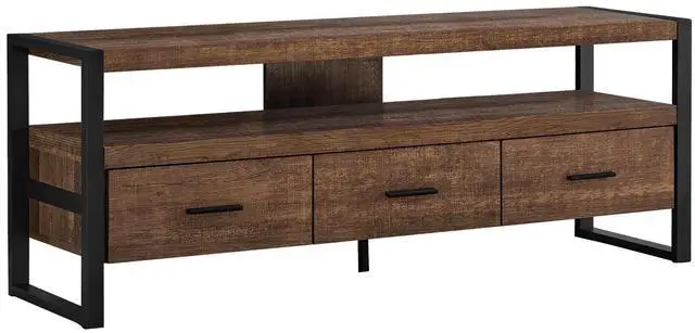 Alt view image 2 of 5 - Tv Stand, 60 Inch, Console, Media Entertainment Center, Storage Drawers, Living Room, Bedroom, Brown Laminate, Black Metal, Contemporary, Modern