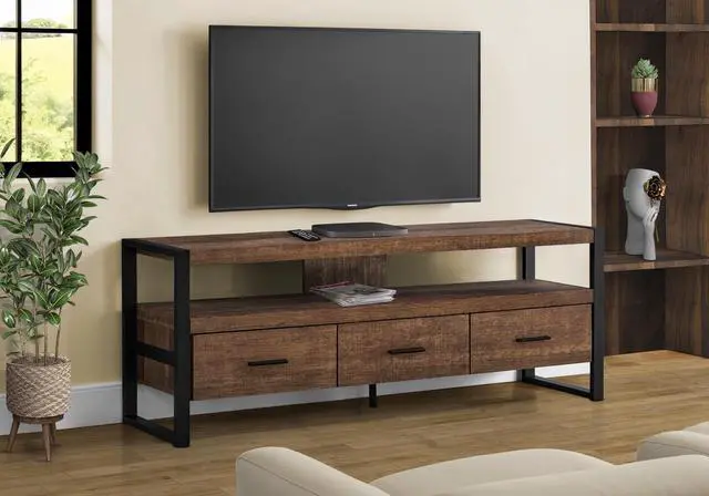 Main image of Tv Stand, 60 Inch, Console, Media Entertainment Center, Storage Drawers, Living Room, Bedroom, Brown Laminate, Black Metal, Contemporary, Modern