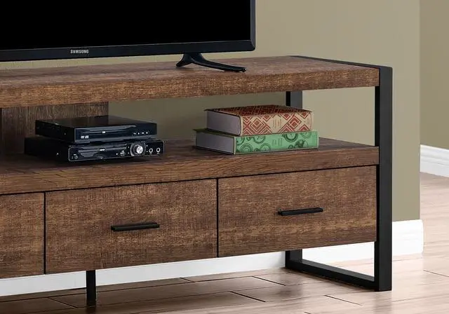 Alt view image 3 of 5 - Tv Stand, 60 Inch, Console, Media Entertainment Center, Storage Drawers, Living Room, Bedroom, Brown Laminate, Black Metal, Contemporary, Modern