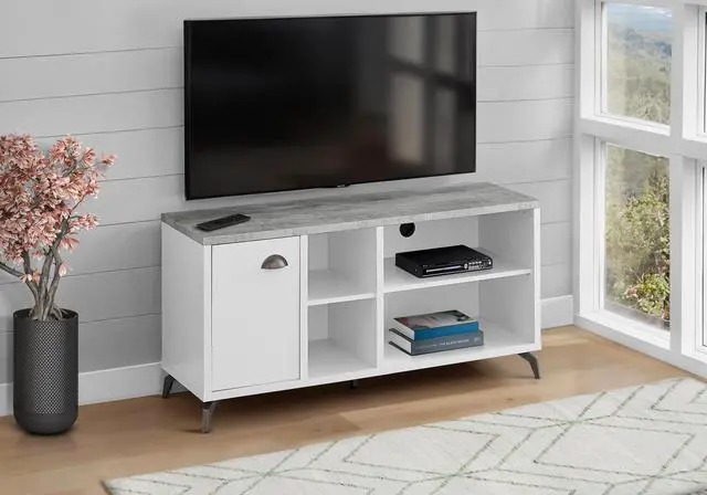 Main image of Tv Stand, 48 Inch, Console, Media Entertainment Center, Storage Cabinet, Living Room, Bedroom, White And Grey Laminate, Black Metal, Contemporary, Modern