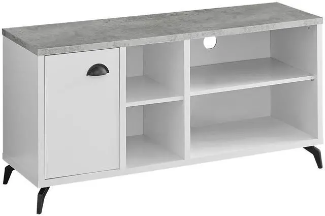 Alt view image 2 of 5 - Tv Stand, 48 Inch, Console, Media Entertainment Center, Storage Cabinet, Living Room, Bedroom, White And Grey Laminate, Black Metal, Contemporary, Modern