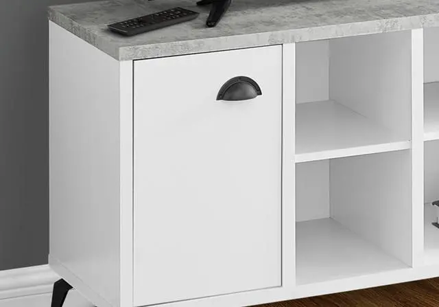 Alt view image 5 of 5 - Tv Stand, 48 Inch, Console, Media Entertainment Center, Storage Cabinet, Living Room, Bedroom, White And Grey Laminate, Black Metal, Contemporary, Modern