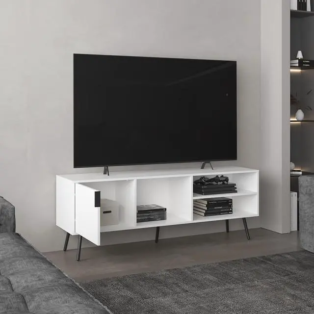 Alt view image 5 of 7 - Vulcan 63" Wide Tv Stand with One Cabinet, Three Open Shelves, Cable Management, Living Room, Tv Room White