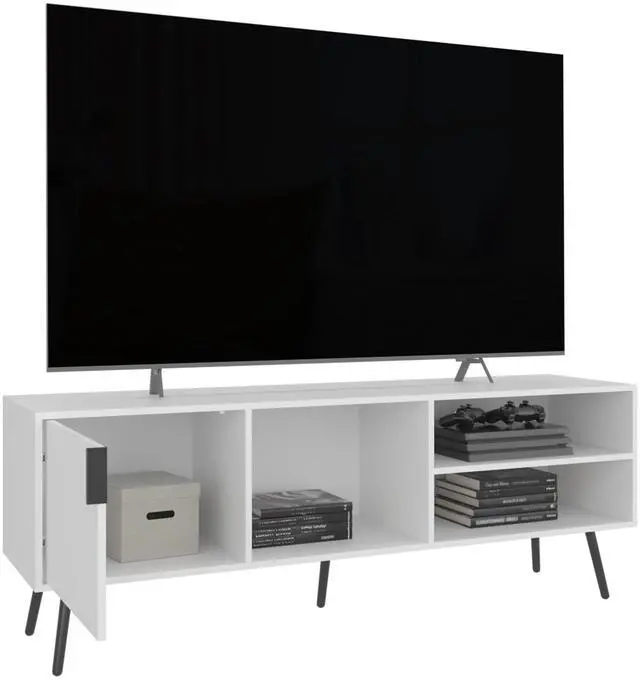 Alt view image 7 of 7 - Vulcan 63" Wide Tv Stand with One Cabinet, Three Open Shelves, Cable Management, Living Room, Tv Room White