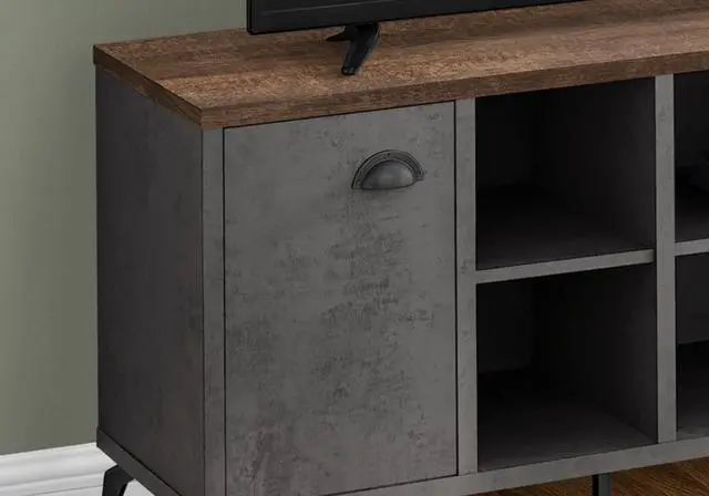 Alt view image 5 of 5 - Tv Stand, 48 Inch, Console, Media Entertainment Center, Storage Cabinet, Living Room, Bedroom, Brown And Grey Laminate, Grey Metal, Contemporary, Modern