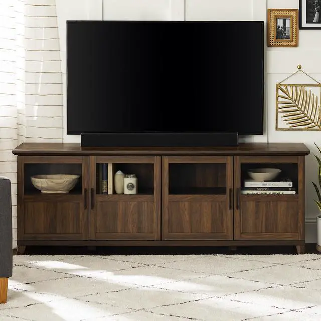 Alt view image 4 of 6 - Transitional Half-Glass 4-Door 70" TV Stand for 80" TVs - Dark Walnut