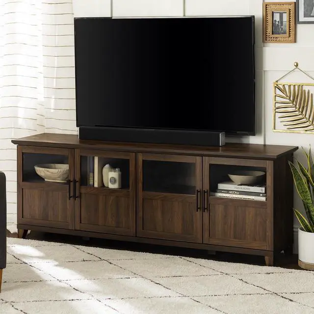 Alt view image 3 of 6 - Transitional Half-Glass 4-Door 70" TV Stand for 80" TVs - Dark Walnut