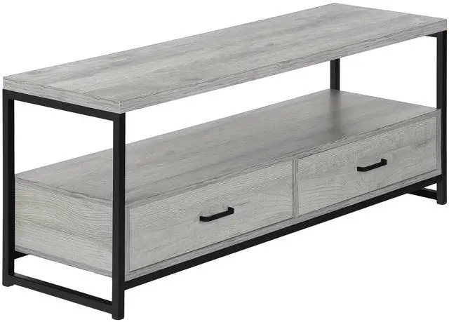 Alt view image 2 of 7 - Tv Stand, 48 Inch, Console, Media Entertainment Center, Storage Drawers, Living Room, Bedroom, Grey Laminate, Black Metal, Contemporary, Modern
