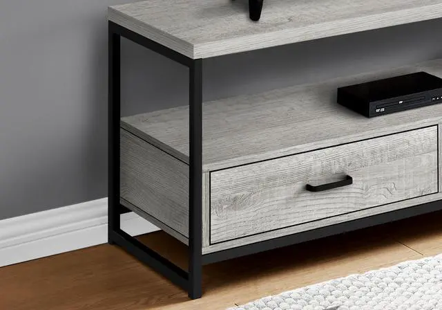 Alt view image 3 of 7 - Tv Stand, 48 Inch, Console, Media Entertainment Center, Storage Drawers, Living Room, Bedroom, Grey Laminate, Black Metal, Contemporary, Modern